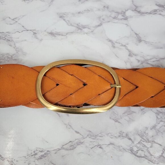 Miss Me Braided Woven Orangey Tan Leather Belt with Large Gold Toned Oval Buckle main image 3